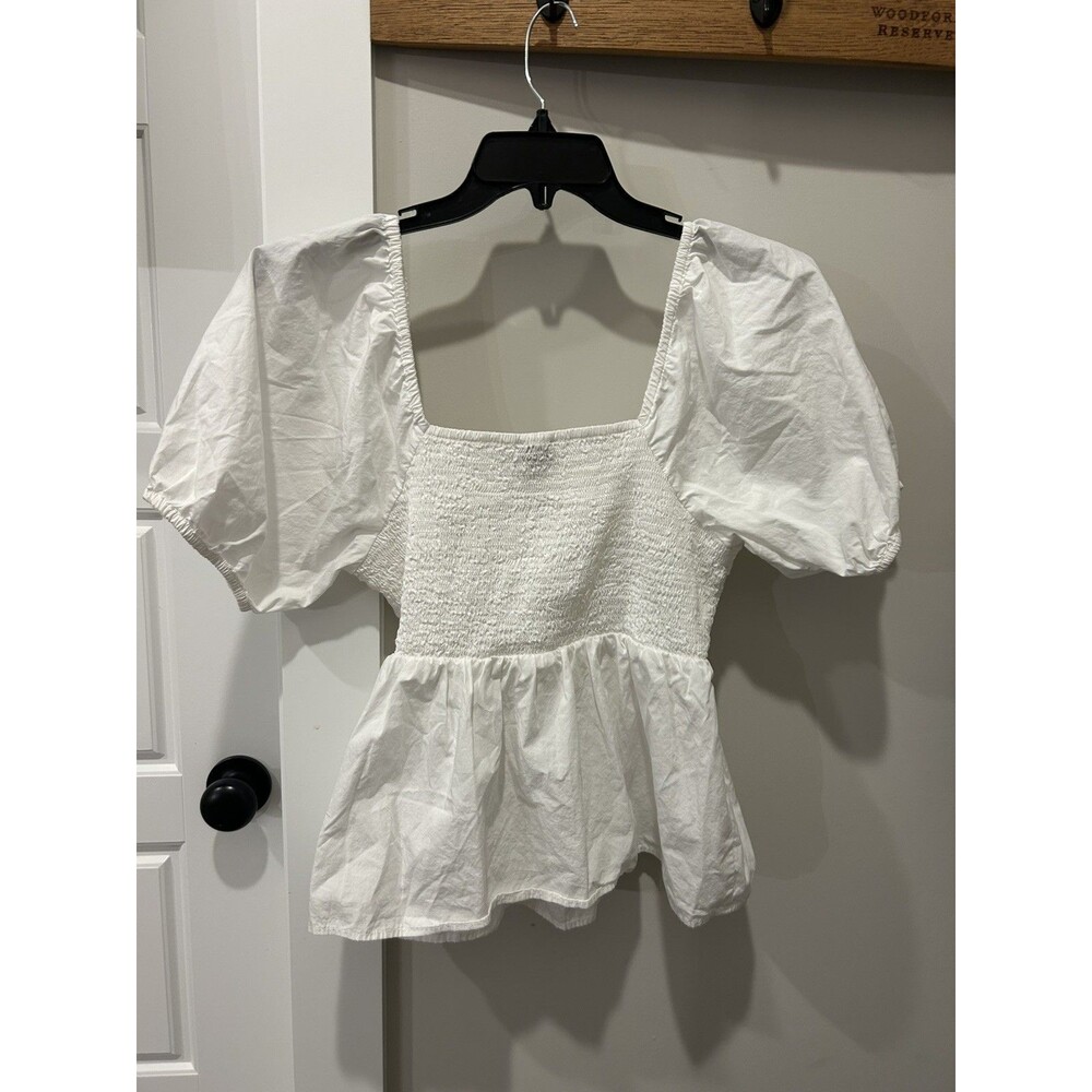Women’s Loft White Babydoll Smocked Peplum Top Sz Large Coquette Cottagecore